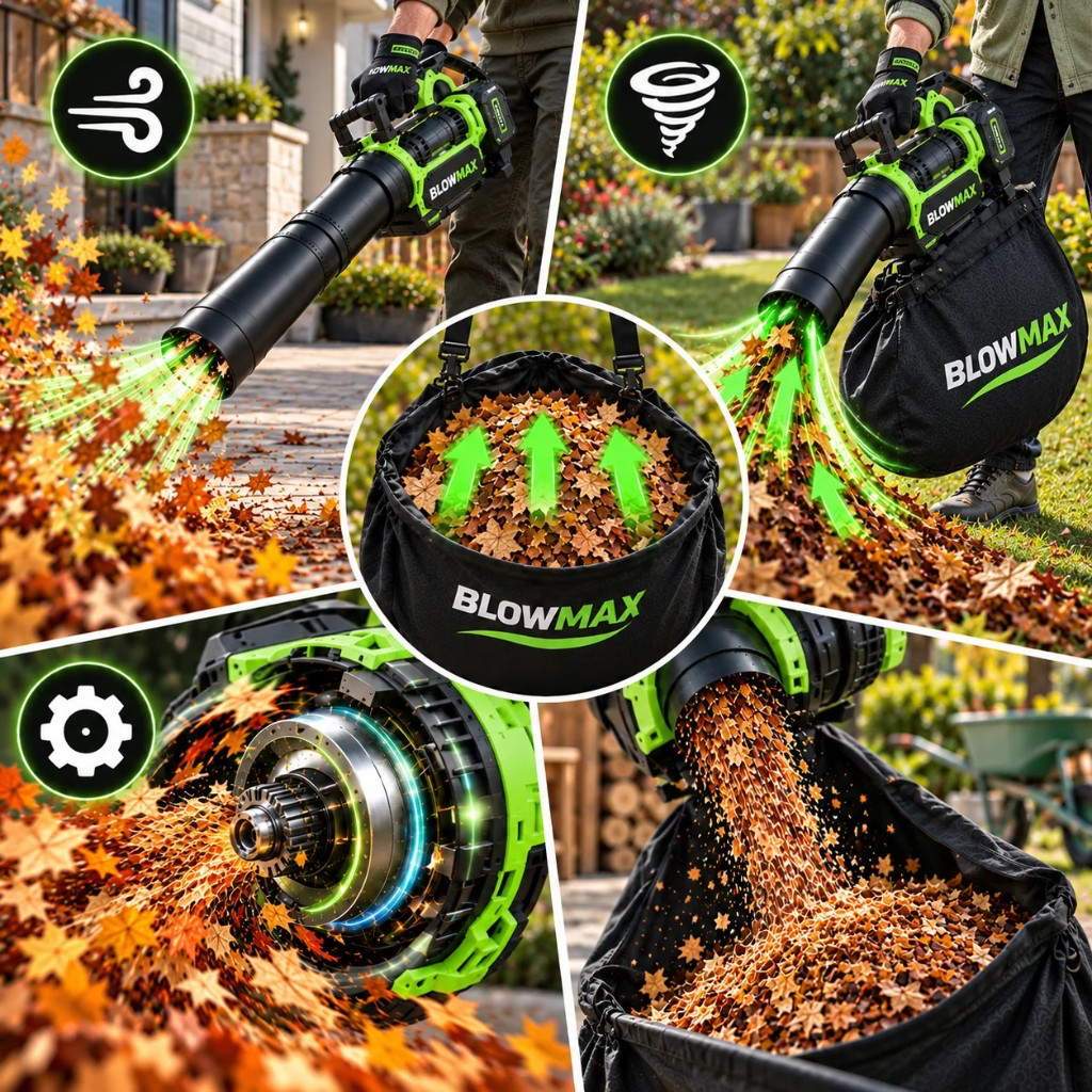 BLOWMAX 3 in 1: soffia, aspira e trita nel sacco raccogli foglie